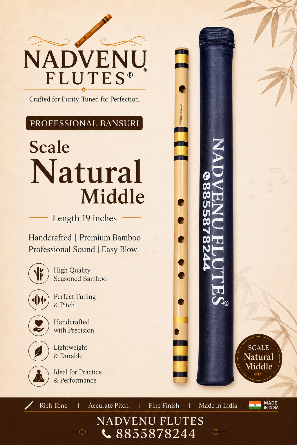 Nadvenu Premium C Natural Middle Flute 19″