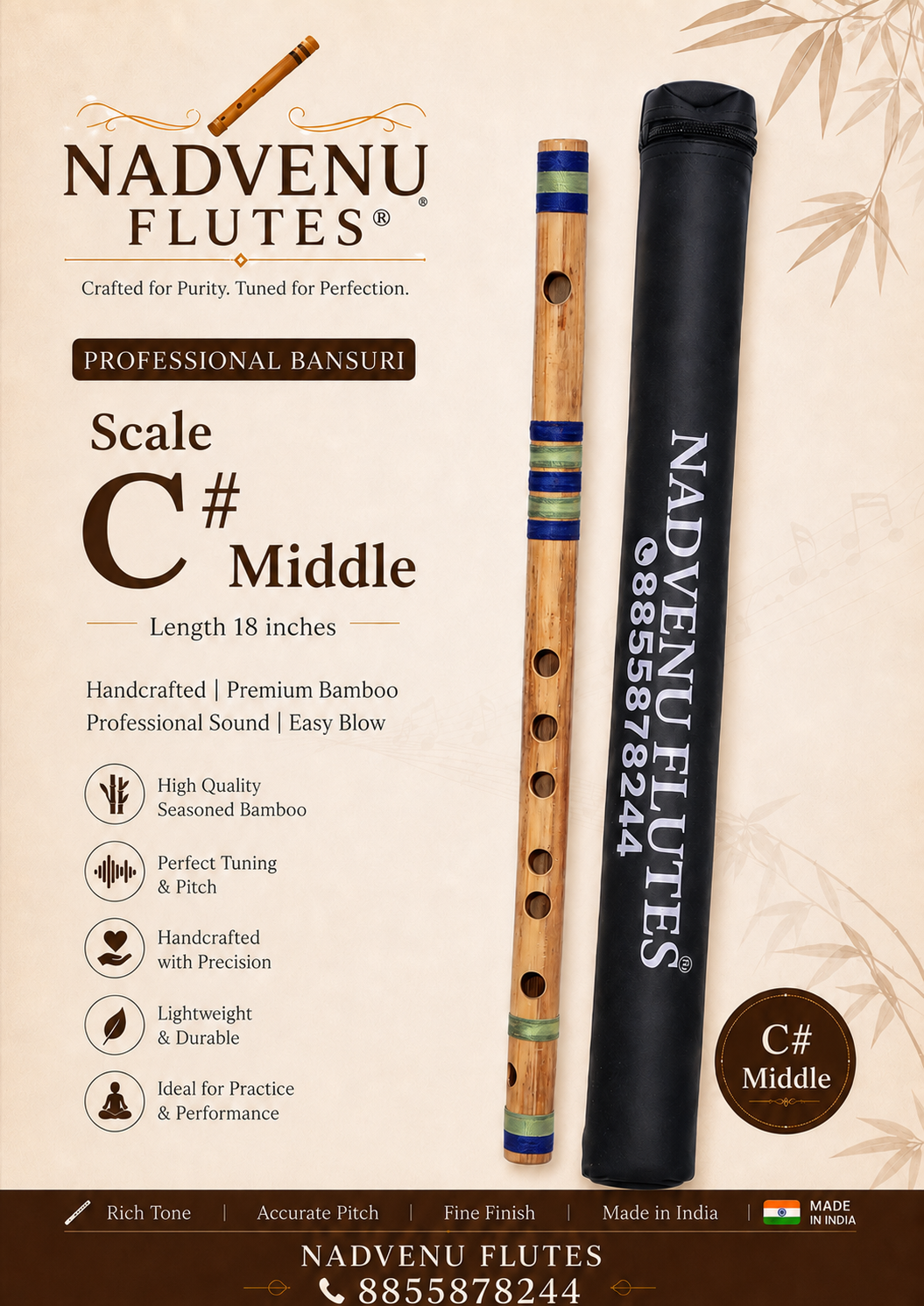 Nadvenu Premium C# Middle Bamboo Flute (18″)