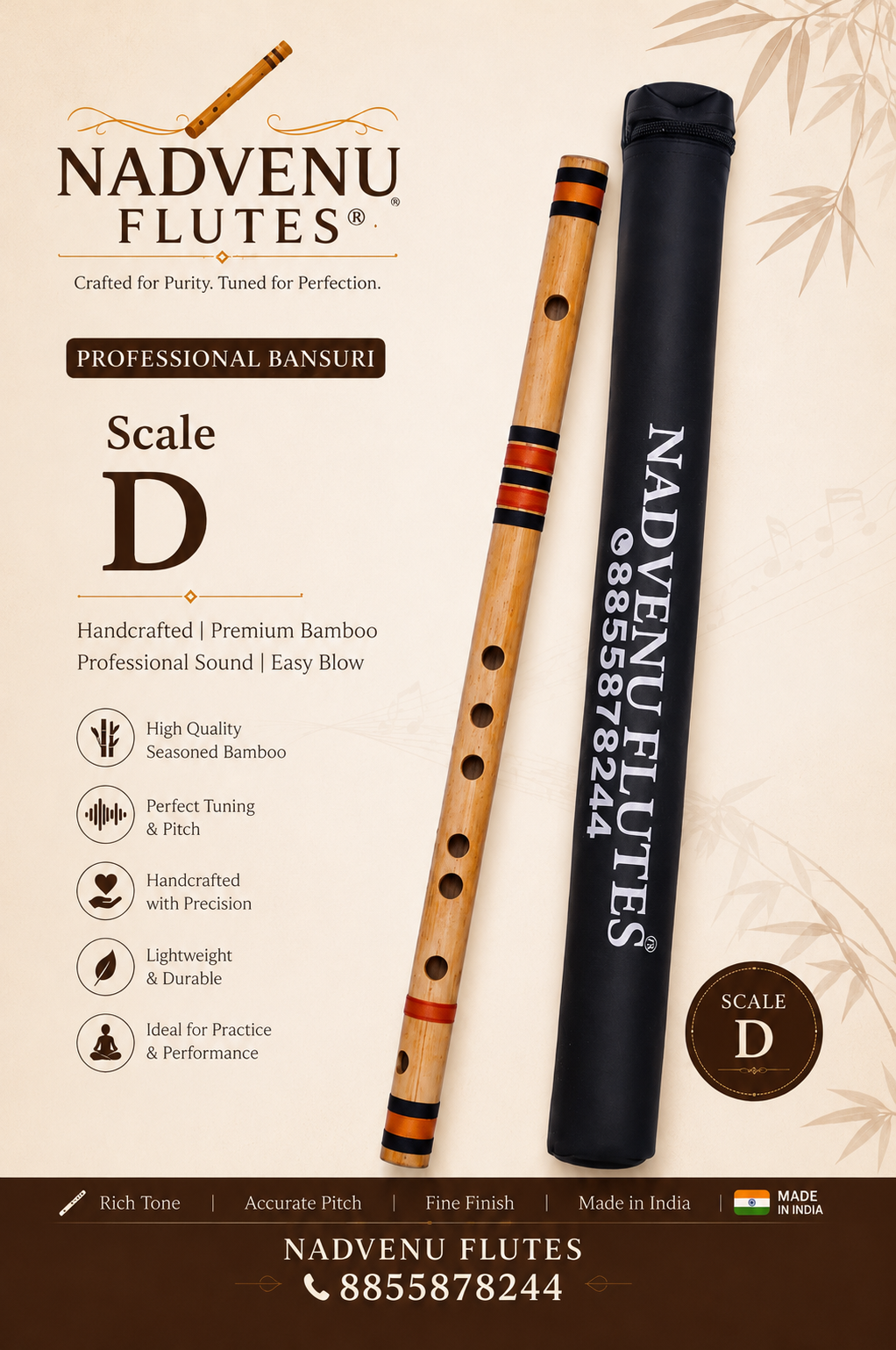 Premium D Middle Bansuri Flute – 17″