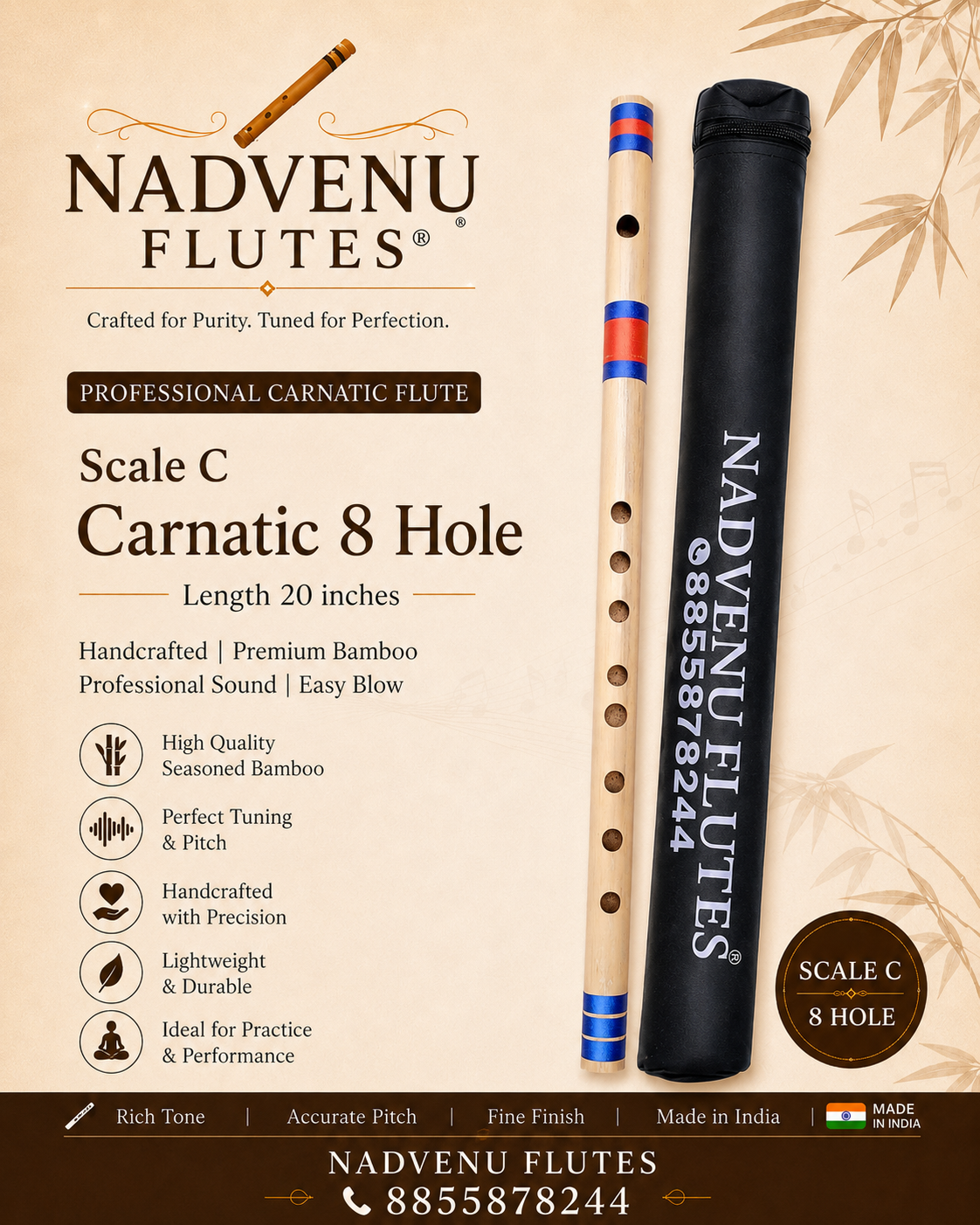 Nadvenu C (Shruti 1) Carnatic Venu Flute