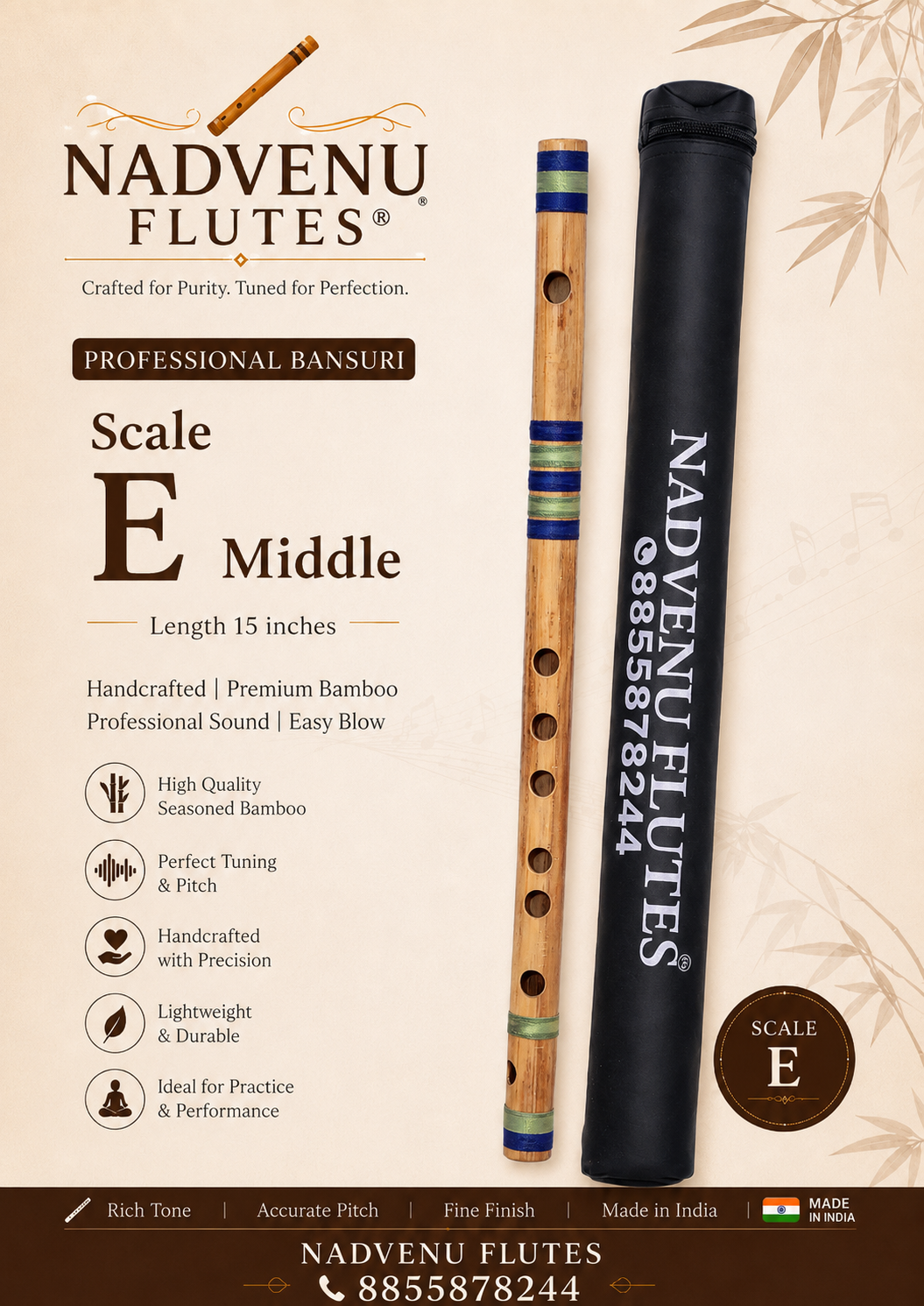 Premium E Middle Bansuri Flute – 16″