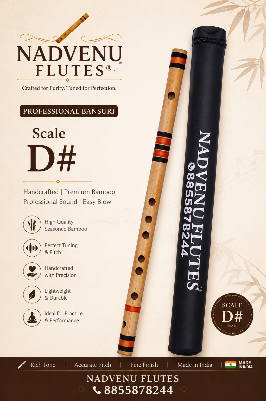 Premium D# Middle Bansuri Flute – 16.5″